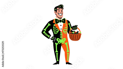 Half-Skeletal Gentleman with Basket of Treats: A jovial gentleman, split in half to reveal a glowing skeletal design, carries a basket filled with treats, evoking the festive spirit of Halloween. 