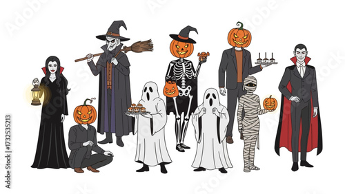 Halloween Characters in Costume: A vibrant and spooky illustration showcasing a collection of classic Halloween characters, each donned in creative costumes, creating a fun and festive atmosphere. 