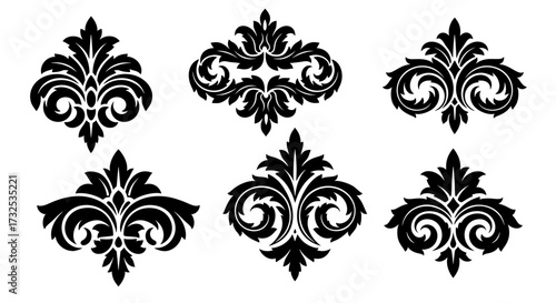 A collection of six black vector silhouettes of classic vintage damask ornaments, featuring decorative floral swirls and baroque style for elegant design.