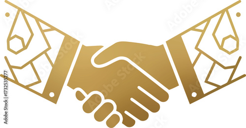 An ornate golden handshake symbol representing unity, trust, collaboration, and a successful business partnership agreement concept on a transparent background.