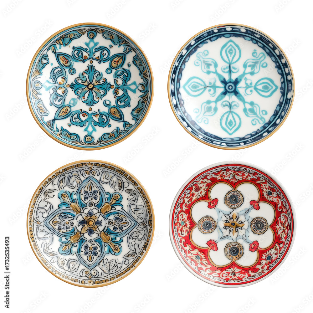 Fototapeta premium Decorative ceramic plates with intricate designs displayed in a neat arrangement for artistic appeal