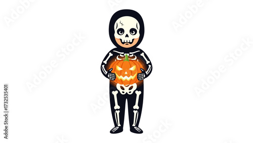 Spooky Halloween Skeleton: A young child in a full skeleton costume, holding a glowing carved pumpkin, ready for Halloween night. The illustration captures the fun and thrill of the holiday. 