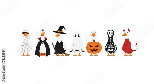 Cartoon ducks in halloween costumes including mummy vampire witch ghost pumpkin skeleton and devil