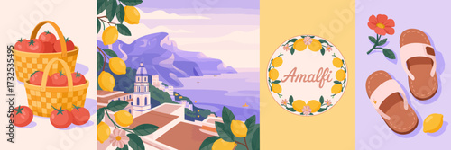 A vibrant artistic depiction of the Amalfi coast featuring fresh tomatoes, scenic mountains, and charming architecture, capturing the essence of this stunning region in Italy.