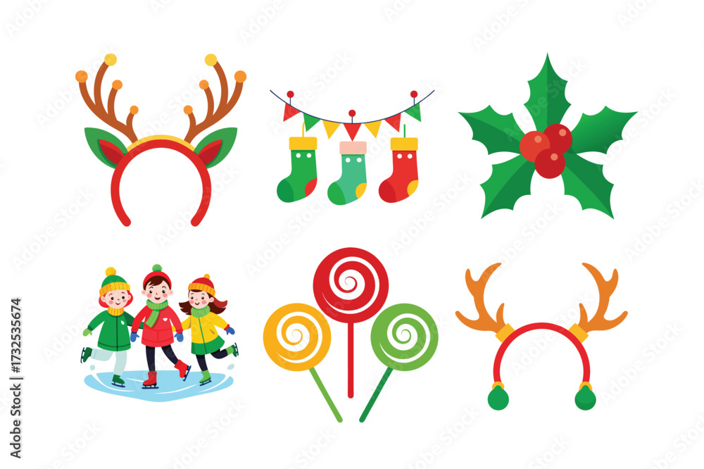 Fototapeta premium Festive Christmas Icons Including Reindeer Antlers, Stockings, Holly, and Ice Skaters holiday