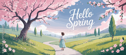 A serene landscape depicting the beauty of spring, characterized by blooming cherry blossoms, a winding path, and vibrant greenery under a clear blue sky.