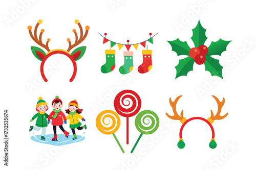 Festive Christmas Icons Including Reindeer Antlers, Stockings, Holly, and Ice Skaters holiday