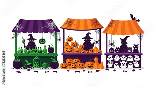Spooky Halloween Market Stalls: Capturing a whimsical Halloween scene with three vibrant stalls showcasing themed treats, pumpkins, and decorations, invoking the festive spirit of All Hallows' Eve. 
