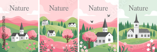 Vibrant countryside illustration featuring rolling hills, white houses, blooming trees, and a serene atmosphere, ideal for evoking peaceful rural vibes and homey feelings.