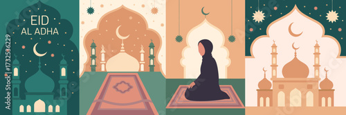 An artistic portrayal of a peaceful mosque scene, with a meditative figure in prayer, symbolizing devotion and spirituality during the significant Islamic festival Eid al-Adha.