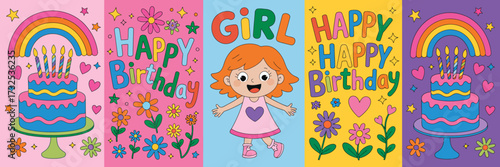 A cheerful illustration celebrating a girl’s birthday with colorful cake, balloons, and bright flowers, evoking happiness, joy, and festive moments shared with loved ones.