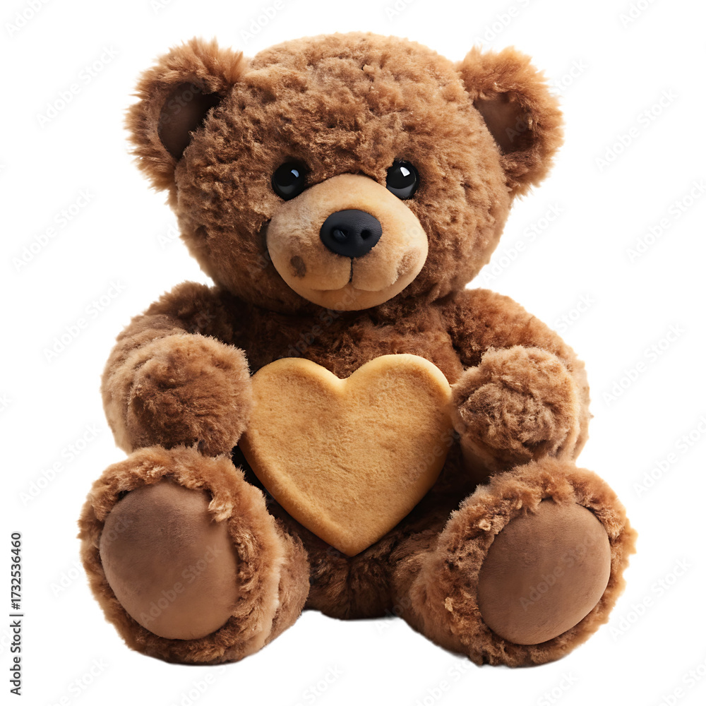 Fototapeta premium A fluffy brown teddy bear holding a heart-shaped cookie on a black background plush isolated on a transparent background