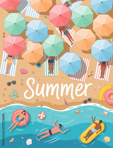 An aerial view of a vibrant beach scene with colorful umbrellas, beachgoers lounging, and playful summer activities showcasing the joy of summer relaxation by the sea.