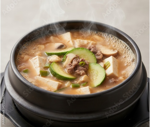 Doenjang Stew (된장찌개) with Tofu, Zucchini, and Mushrooms in a Hot Stone Pot
