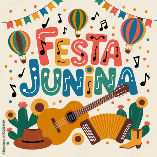 A vibrant illustration depicting the festive spirit of Festa Junina, adorned with musical instruments and decorative elements, symbolizing Brazilian culture and traditional celebrations.