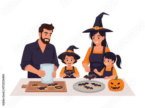 Family Halloween Baking: A heartwarming scene unfolds as a family embraces the spirit of Halloween, decorating cookies and pumpkin, celebrating a fun tradition. 
