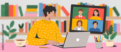 A focused individual works from home, using a laptop for a video call, surrounded by shelves filled with books and a cozy ambiance, symbolizing remote work and productivity.
