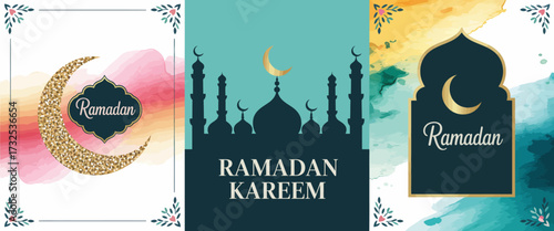 A stunning trio of Ramadan Kareem designs featuring beautiful crescent moons and mosque silhouettes, emphasizing the spiritual essence and elegance of the holy month.