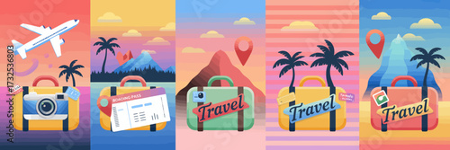 A vibrant collection of travel-themed graphics representing luggage, travel essentials, and exotic landscapes, ideal for travel enthusiasts and wanderers alike.