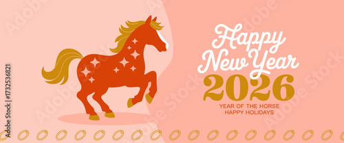 A vibrant illustration of a spirited horse symbolizing the Year of the Horse in 2026, celebrating the New Year with vivid colors and festive elements.