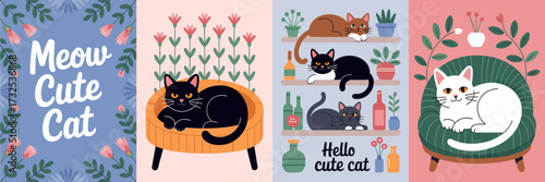 This charming illustration features cute cartoon cats lounging in colorful settings, surrounded by vibrant flowers, achieving a whimsical and cozy atmosphere that delights cat lovers.