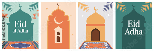 Minimalist artwork featuring vibrant mosque silhouettes and symbolic crescent moons, epitomizing the cultural significance and beauty of the Eid al-Adha festival in a modern style.