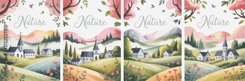 Stylized nature depiction showcasing idyllic villages, rolling mountains, and blossoming flora, creating a calming and inviting aesthetic perfect for celebrating natural beauty.