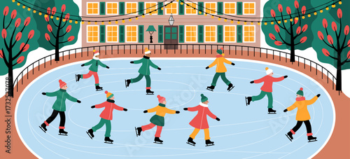 A vibrant and cheerful illustration of people skating on an ice rink surrounded by colorful trees and a charming building, embodying the joy of winter activities.