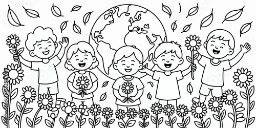 This engaging coloring book illustration shows children exploring nature and holding flowers, encouraging a sense of wonder, creativity, and the joy of learning through play.