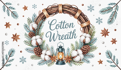 An elegant cotton wreath featuring beautiful decorations like pinecones and lanterns, perfect for holiday decor, offering rustic charm and winter warmth to any setting.