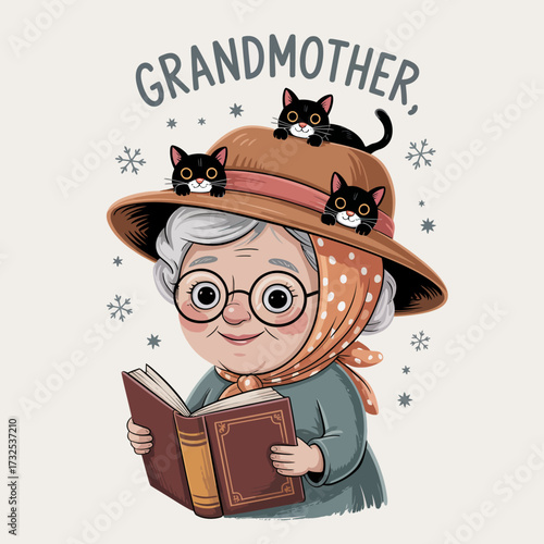 An adorable grandmother reads a book surrounded by playful black cats, capturing a whimsical and heartwarming moment of relaxation and joy in a cozy setting at home.