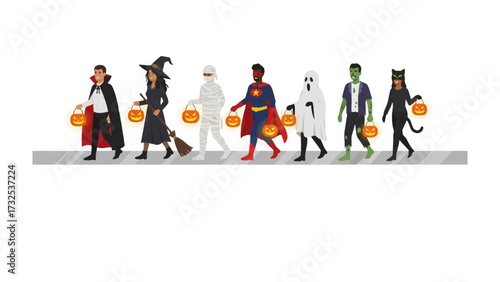 Costumed Group in Halloween Parade: A diverse gathering of individuals in various Halloween costumes parade together, each carrying a carved pumpkin, painted with cheerful expressions of fright.