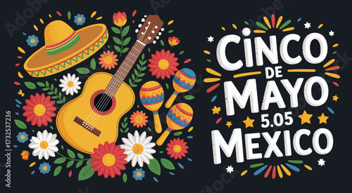 This delightful Cinco de Mayo image features a blend of colorful flowers, traditional Mexican instruments, and festive decorations, encapsulating the essence of a joyful celebration.