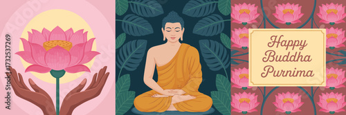 This serene image depicts a meditative Buddha surrounded by lotus flowers, embodying tranquility and spiritual awakening. Perfect for celebrating Buddha Purnima.