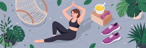 A serene yoga relaxation scene vividly portrayed with a woman practicing on a mat surrounded by plants, exercise shoes, and a smoothie, emphasizing tranquility and wellness.
