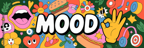 The image radiates joy and fun with mouth graphics and playful elements like food and colorful designs, effectively representing a variety of emotions on a lively background.