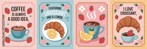 A visually appealing collection of coffee and croissant graphics, emphasizing freshness and elegance, ideal for culinary art lovers and cozy cafes.