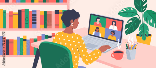 A person attentively participates in a video conference call from a home office setup, surrounded by books and a friendly atmosphere, showcasing modern remote work dynamics.