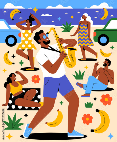 This vibrant beach scene depicts friends enjoying a lively atmosphere filled with music, dancing, and tropical elements, capturing the essence of summer celebrations.