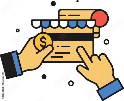 Hand performing a secure online payment using a credit card and coin for e-commerce purchases, symbolizing modern digital finance, vector illustration, svg.