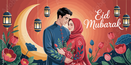 A joyful depiction of a couple celebrating Eid with festive decorations, a glowing crescent moon, and vibrant flowers, symbolizing love and companionship during this special occasion.