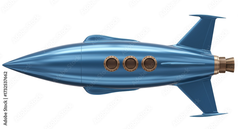 Fototapeta premium Retro blue rocket ship isolated, vintage space travel concept for science fiction and aerospace design PNG