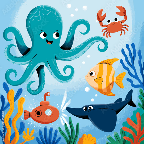 A delightful underwater illustration featuring a smiling octopus, friendly crab, and a colorful fish, creating a playful atmosphere full of life and joy surrounded by plants.