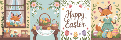 This delightful Easter illustration features a cheerful fox holding a colorful egg, showcasing a bright and festive atmosphere filled with spring elements and joyful decorations.