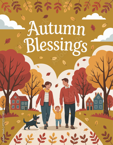 This heartwarming illustration showcases a family walking together during autumn, surrounded by vibrant colored leaves, evoking the beauty of seasonal change and togetherness.