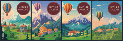 Amidst majestic mountains and lush landscapes, colorful hot air balloons float gracefully, invoking feelings of wonder and adventure in this stunning artwork.