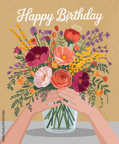 A charming arrangement of flowers, beautifully held by hands, represents love and happiness, making it a perfect gift for celebrating birthdays and cherished relationships.