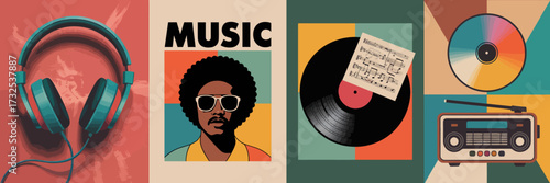 An artistic composition featuring headphones, vinyl records, music sheets, and a radio, reflecting on modern music culture and emotional connections to sound.