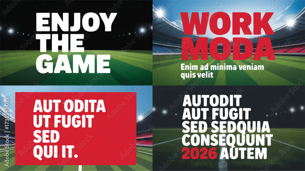 Four panel graphic with sports stadium backgrounds and text overlays football soccer