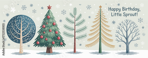 A delightful birthday greeting featuring four unique trees, bringing a festive atmosphere filled with joy, celebration, and the magic of winter wrapped in seasonal charm.
